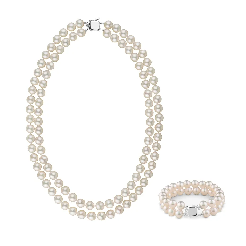 Handcrafted Beauty At Affordable Prices 8.0-8.5 mm AAA Blush White Silver Rose Tone Akoya Pearl Double Strand Necklace & Bracelet Set