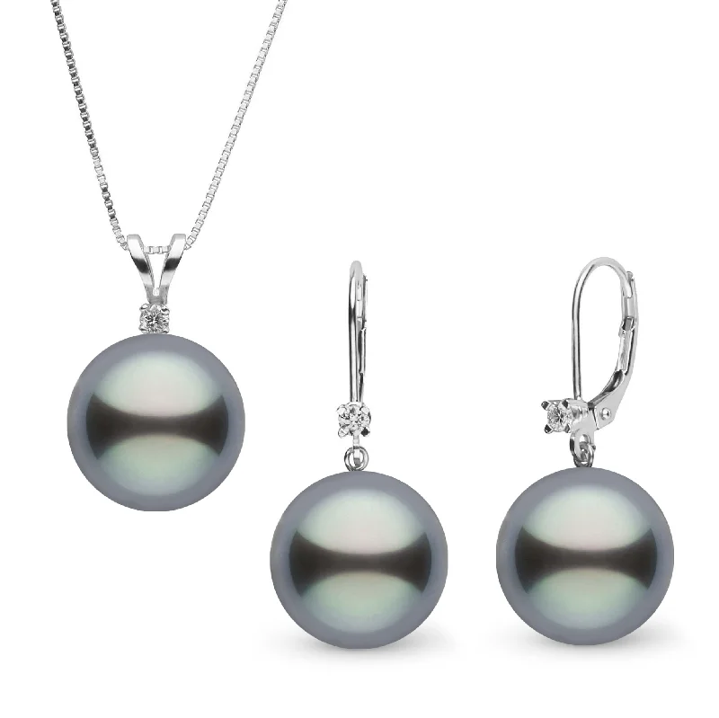 Handmade Pearl Jewelry For Timeless Elegance 9.0-10.0 mm Tahitian Pearl and Diamond Harmony Pendant and Earrings Set