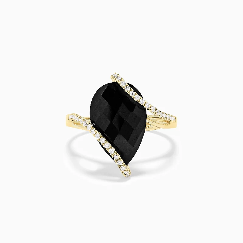 Huge Savings On Timeless Jewelry Collections Eclipse 14K Yellow Gold Onyx and Diamond Teardrop Ring, 6.49 TCW