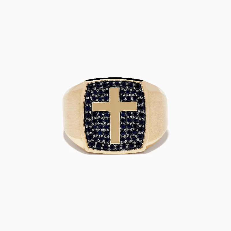 Luxury Handcrafted Jewelry For Elegant Looks Men's 14K Yellow Black Sapphire Gold Cross Ring