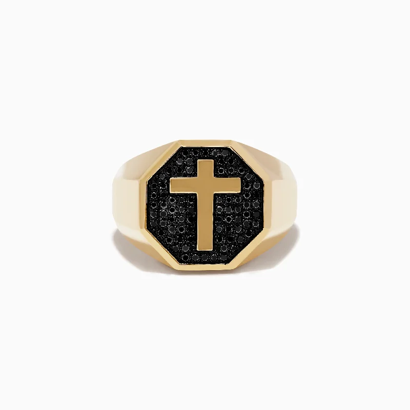 Grab Your Dream Jewelry At The Lowest Prices Men's 14K Yellow Gold Black Diamond Cross Ring