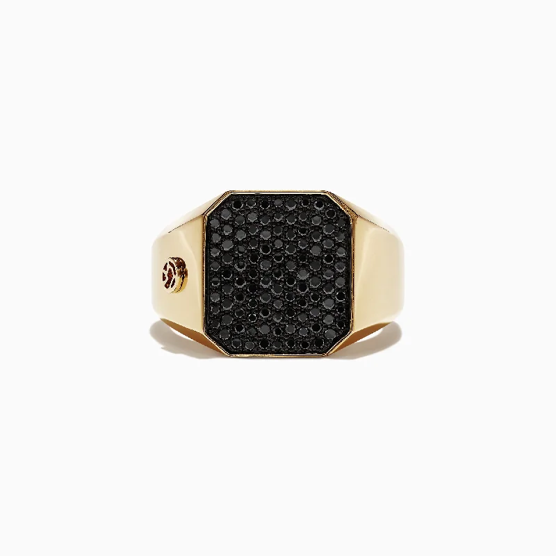 Special Deals On Handcrafted And Designer Jewelry Men's 14K Yellow Gold Black Diamond Signet Ring, 0.78 TCW