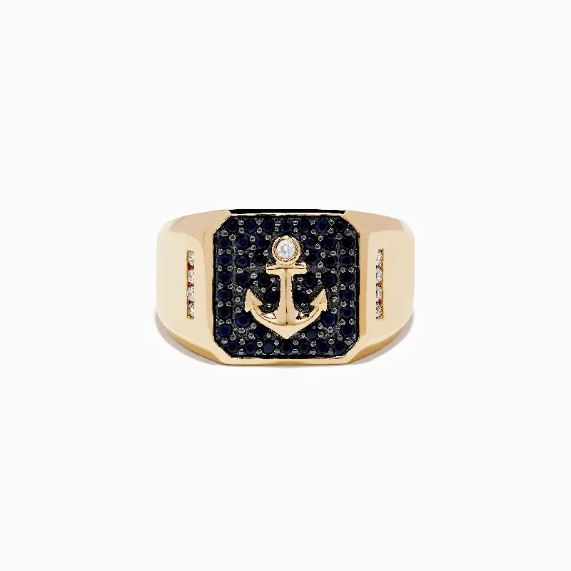 Shop Dazzling Jewelry At The Best Prices Men's 14K Yellow Gold Diamond and Black Sapphire Anchor Ring