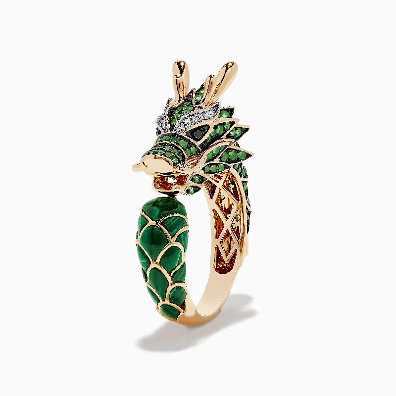 Timeless Beauty, Unbeatable Deals – Jewelry Sale On Men's 14K Yellow Gold Diamond, Tsavorite and Malachite Dragon Ring