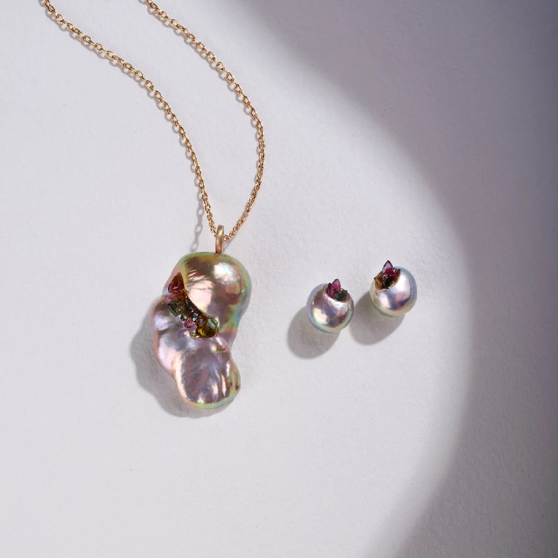 Celebrate With Sparkle – Jewelry Sale Now Live Freshwater Metallic Souffle and Drop Pearl Spiral Pendant and Point Stud Earring Set with Tourmaline