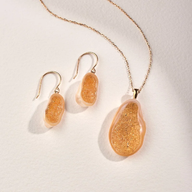 Handcrafted Jewelry Sale – Unique Designs At Low Prices Freshwater Souffle Pearl Geode Earrings & Pendant Set with Yellow Sapphire