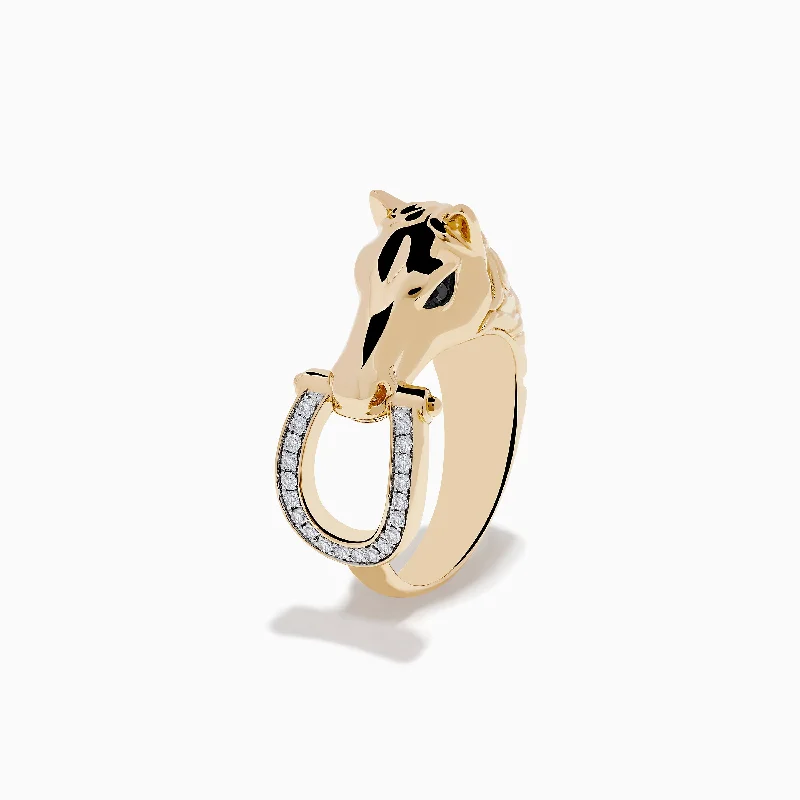 Clearance Sale On High-End Jewelry Collections Men's 14K Yellow Gold Black and White Diamond Horse Ring