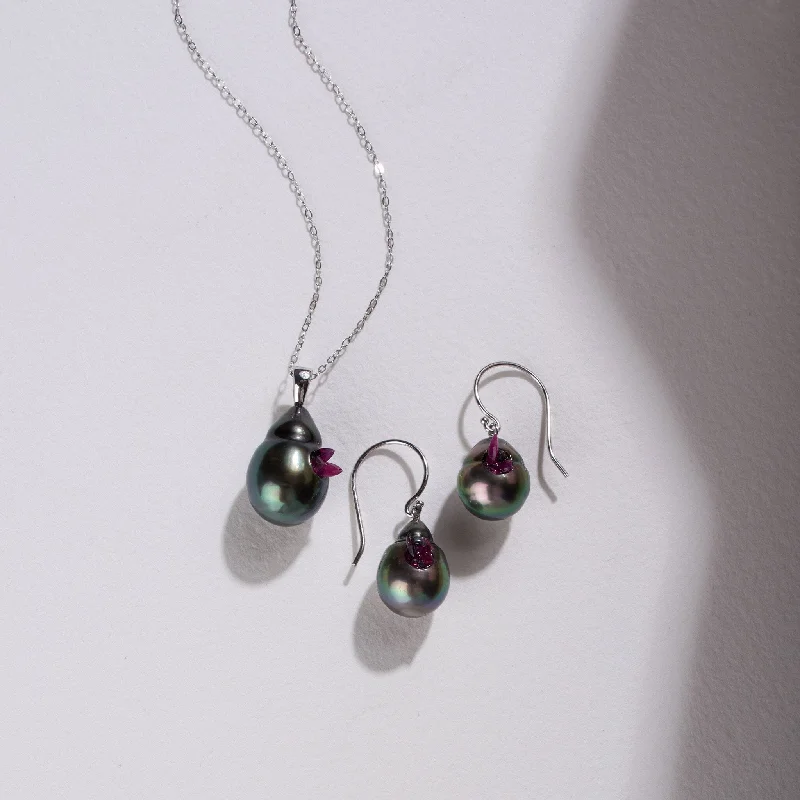 Special Sale On Handcrafted Jewelry – Shop Today Point Collection Tahitian Drop Pearl Dangle Earrings and Pendant Set with Ruby