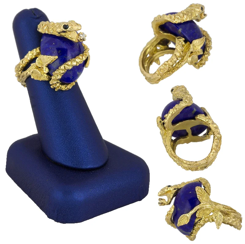 Make Your Outfit Shine With Discounted Jewelry Retro 18k Yellow Gold Snake Coiled Lapis Lazuli Diamond Sapphire Cocktail Ring